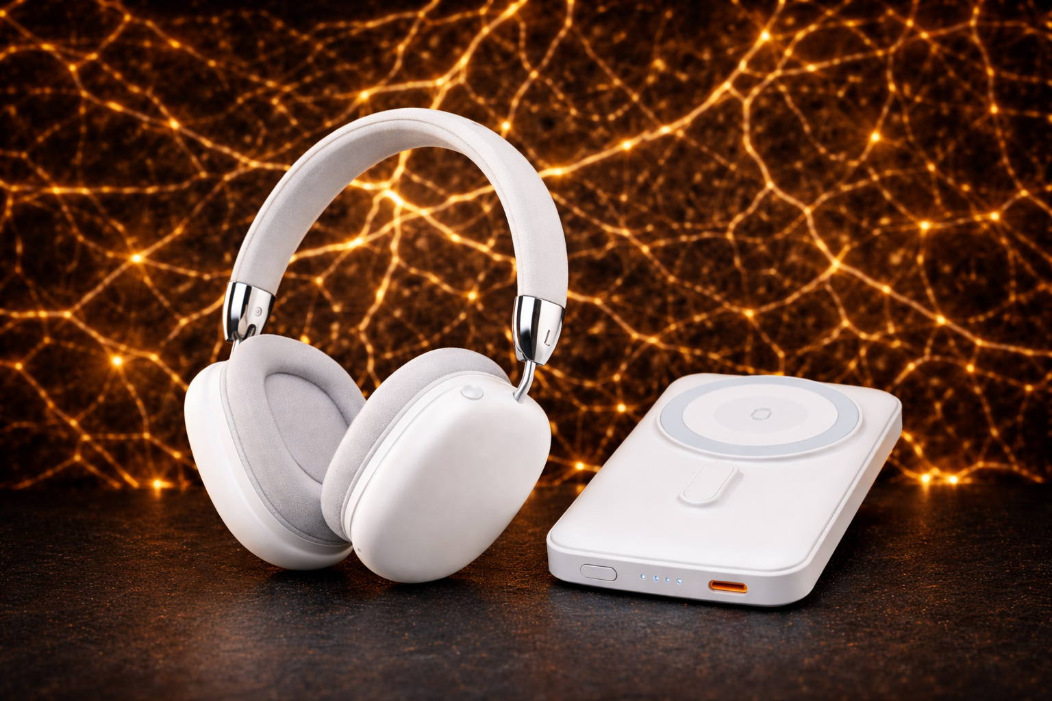 Blanc Power Bundle FlexCase – Casque Audio One et Batterie Power One blancs sur fond doré
