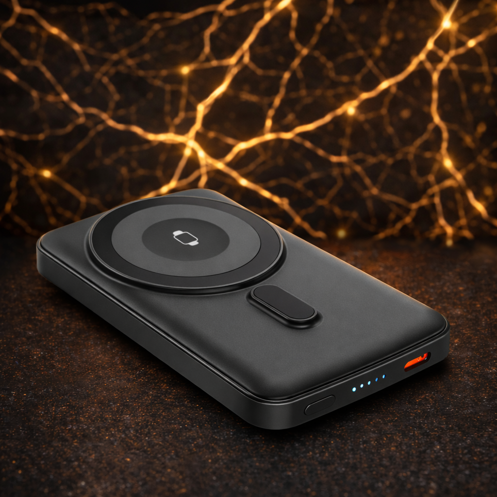 Batterie externe Flexcase Power One 5000mAh noire avec charge sans fil sur fond premium
