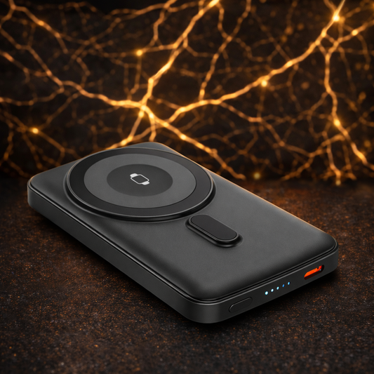 Batterie externe Flexcase Power One 5000mAh noire avec charge sans fil sur fond premium
